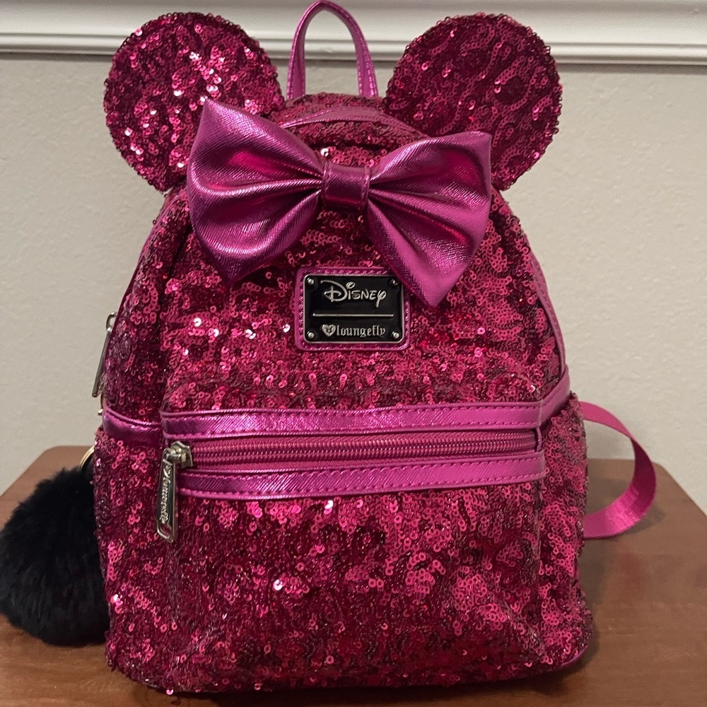 Disney Parks Loungefly Sequins Hot Pink Magenta Minnie Mouse Mini Backpack